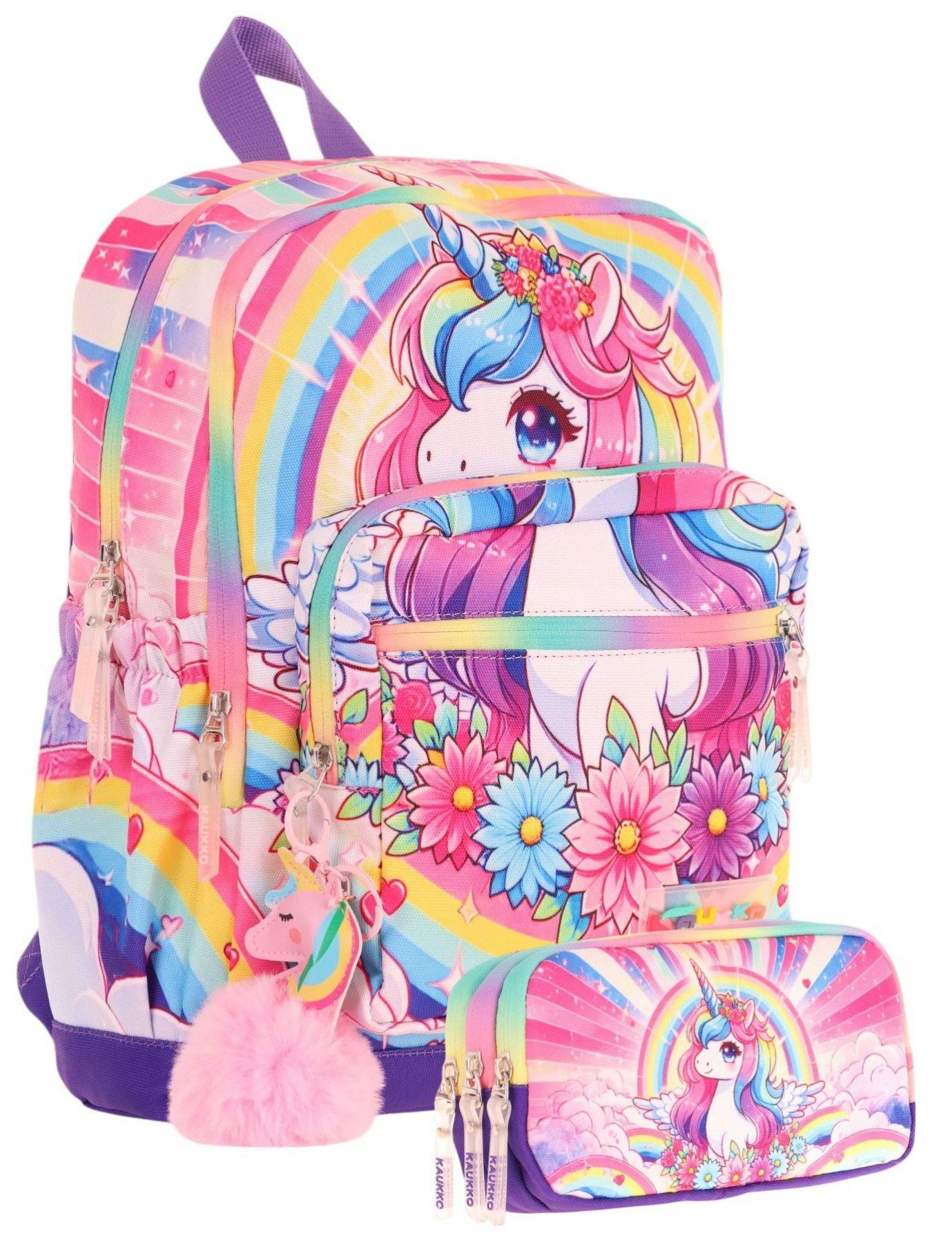 Kaukko Kids Layer Kız Çocuk Okul Çantası + Kalem Çantası Seti (Pembe Mor - Unicorn)