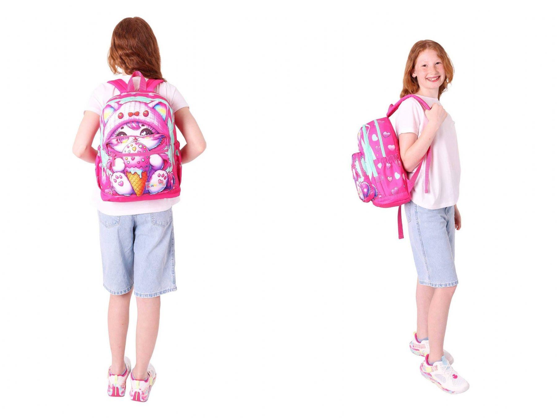 Kaukko Kids Layer Kız Çocuk Okul Çantası + Kalem Çantası Seti (Pembe - Dondurma Yiyen Kedi)