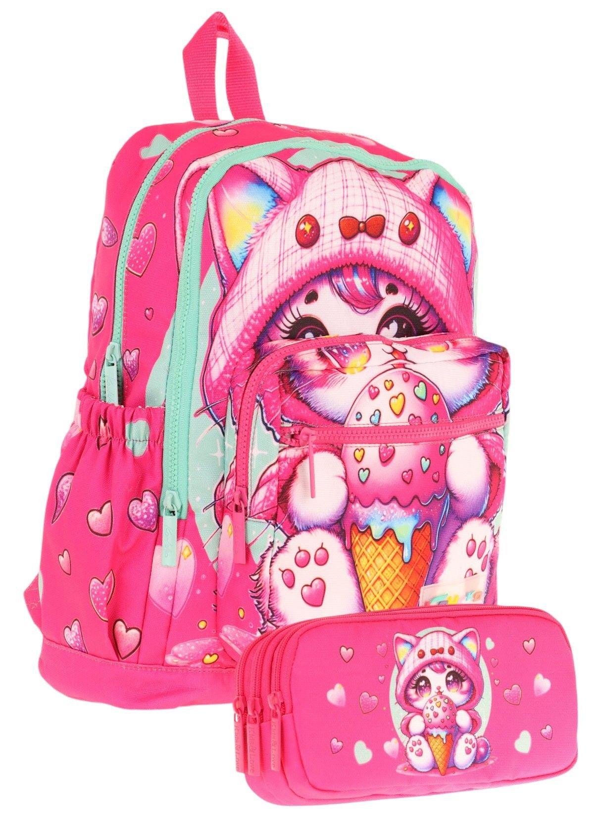 Kaukko Kids Layer Kız Çocuk Okul Çantası + Kalem Çantası Seti (Pembe - Dondurma Yiyen Kedi)