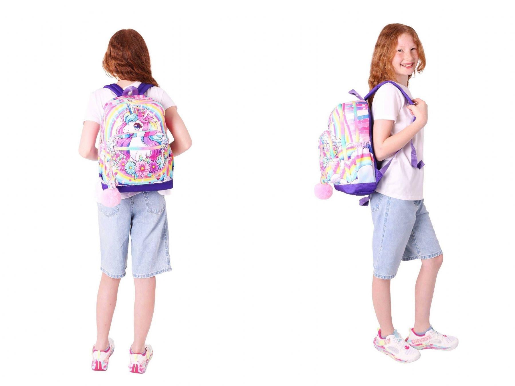Kaukko Kids Layer Kız Çocuk Okul Çantası + Kalem Çantası Seti (Pembe Mor - Unicorn)