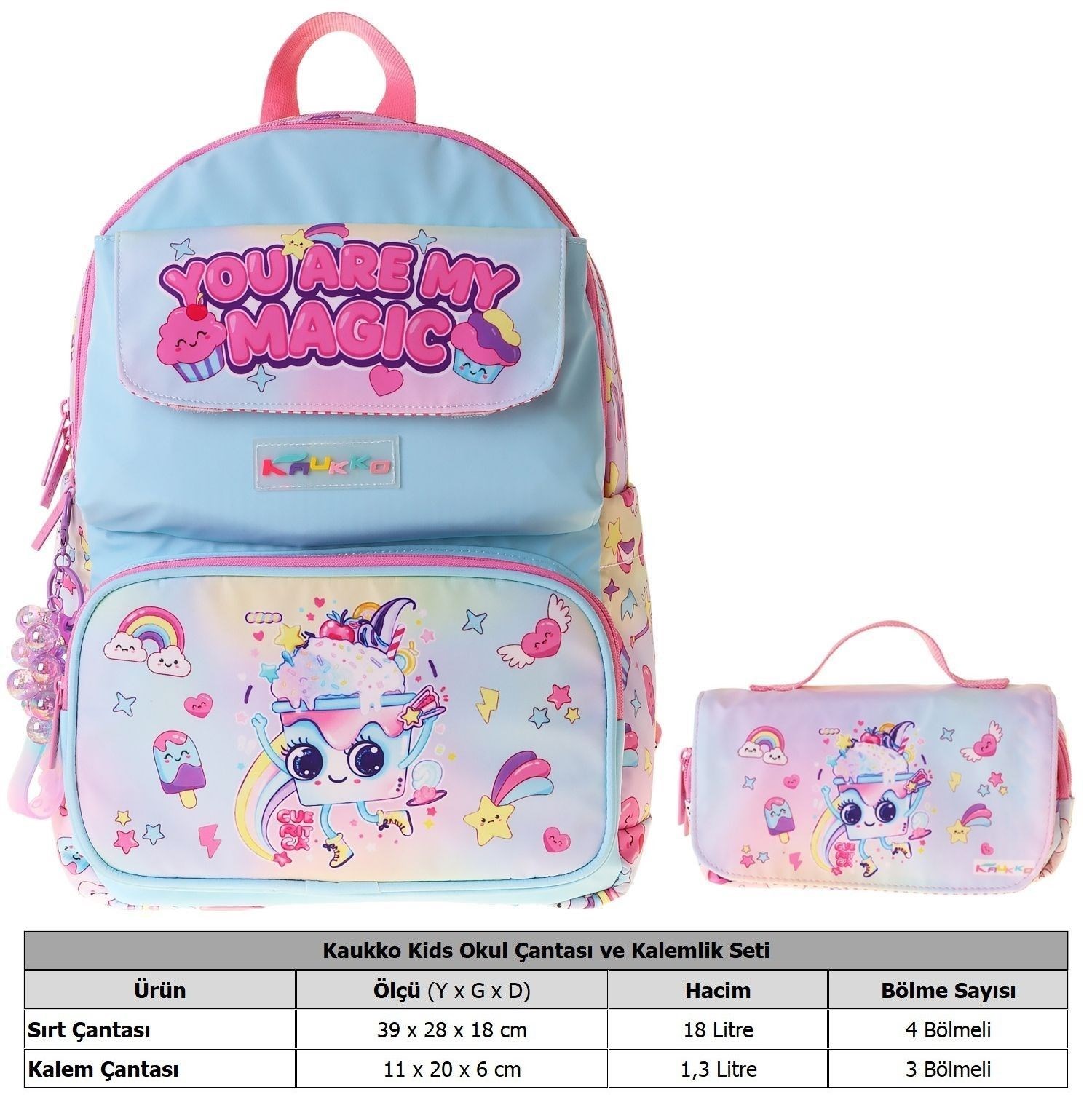 Kaukko Kids Magic Pembe Kız Çocuk İlkokul Sırt Çantası ve Kalem Çantası Seti - SETKK-L5283C