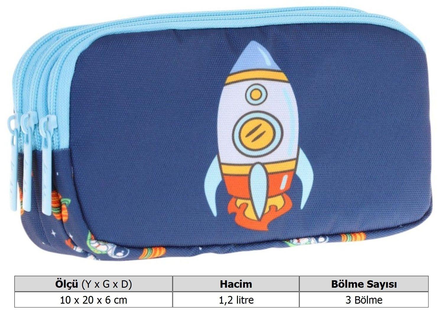 Kaukko Kids Mavi Lacivert, Roket Baskılı, Erkek Çocuk Üç Bölmeli Okul Kalem Çantası - L8260