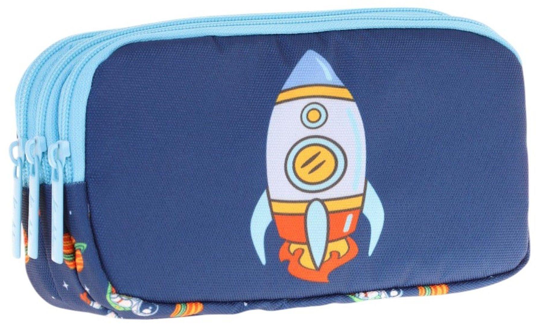 Kaukko Kids Mavi Lacivert, Roket Baskılı, Erkek Çocuk Üç Bölmeli Okul Kalem Çantası - L8260