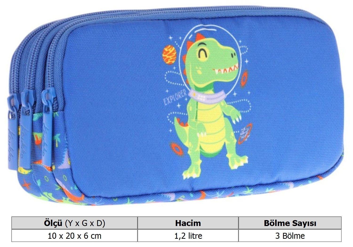 Kaukko Kids Mavi Yeşil, Dinazor, Erkek Çocuk Üç Bölmeli Okul Kalem Çantası - L8262