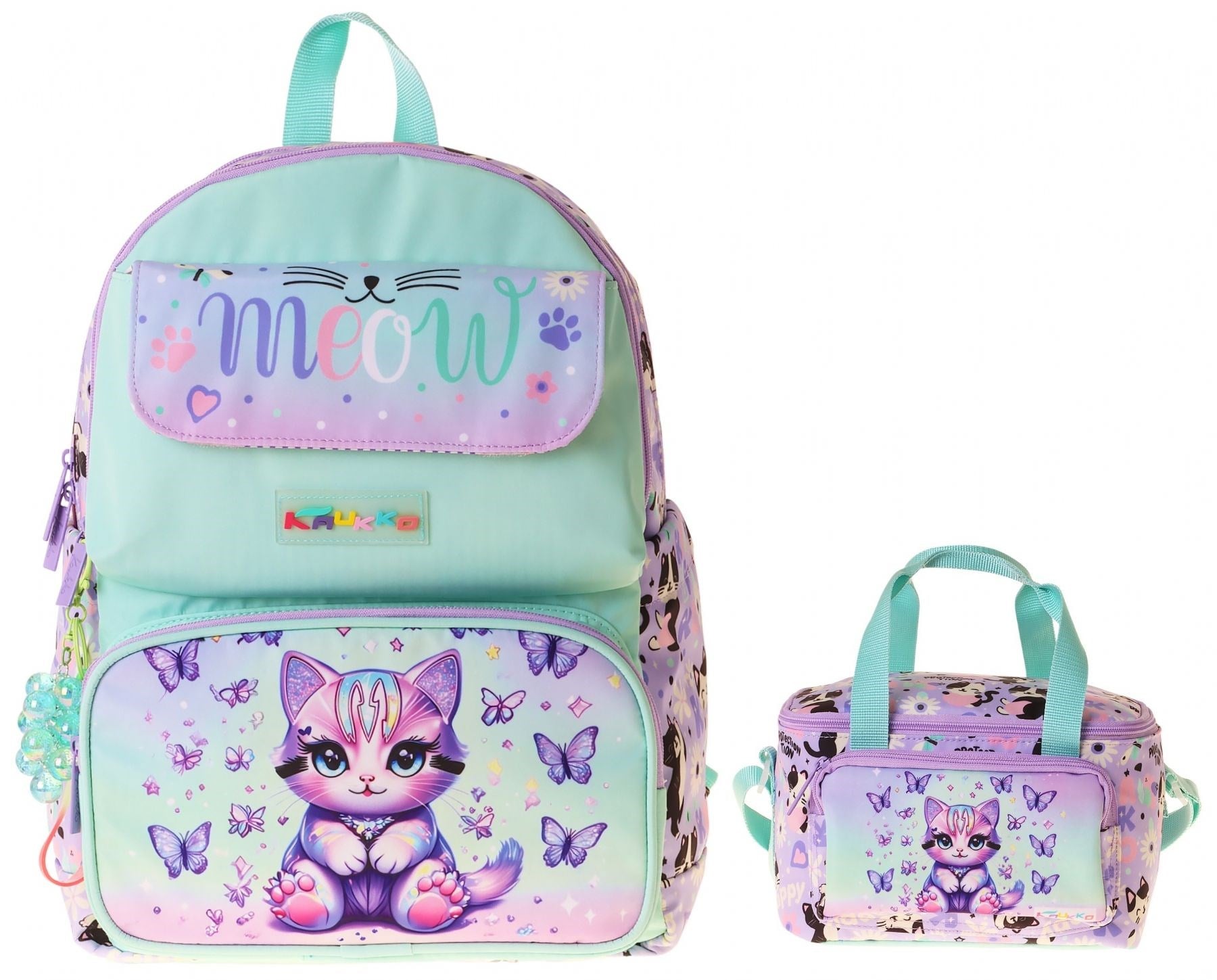 Kaukko Kids Meow Kız Çocuk Yeşil - Mor İlkokul Sırt Çantası ve Beslenme Çanta Seti - SETKK-L5288B