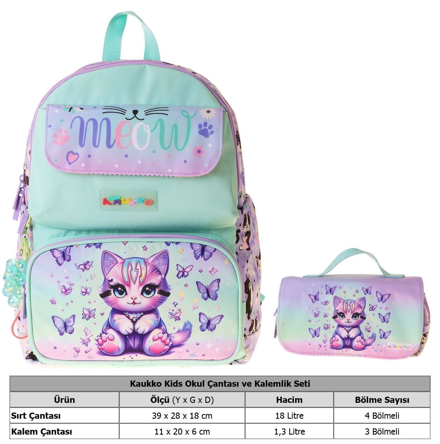 Kaukko Kids Meow Yeşil - Mor Kız Çocuk İlkokul Sırt Çantası ve Kalem Çantası Seti - SETKK-L5288C