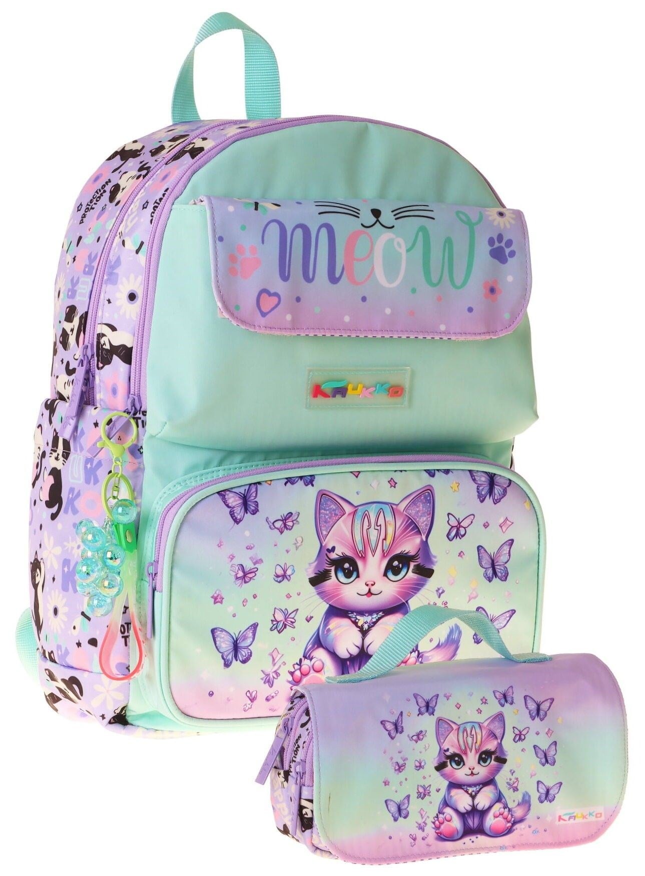 Kaukko Kids Meow Yeşil - Mor Kız Çocuk İlkokul Sırt Çantası ve Kalem Çantası Seti - SETKK-L5288C