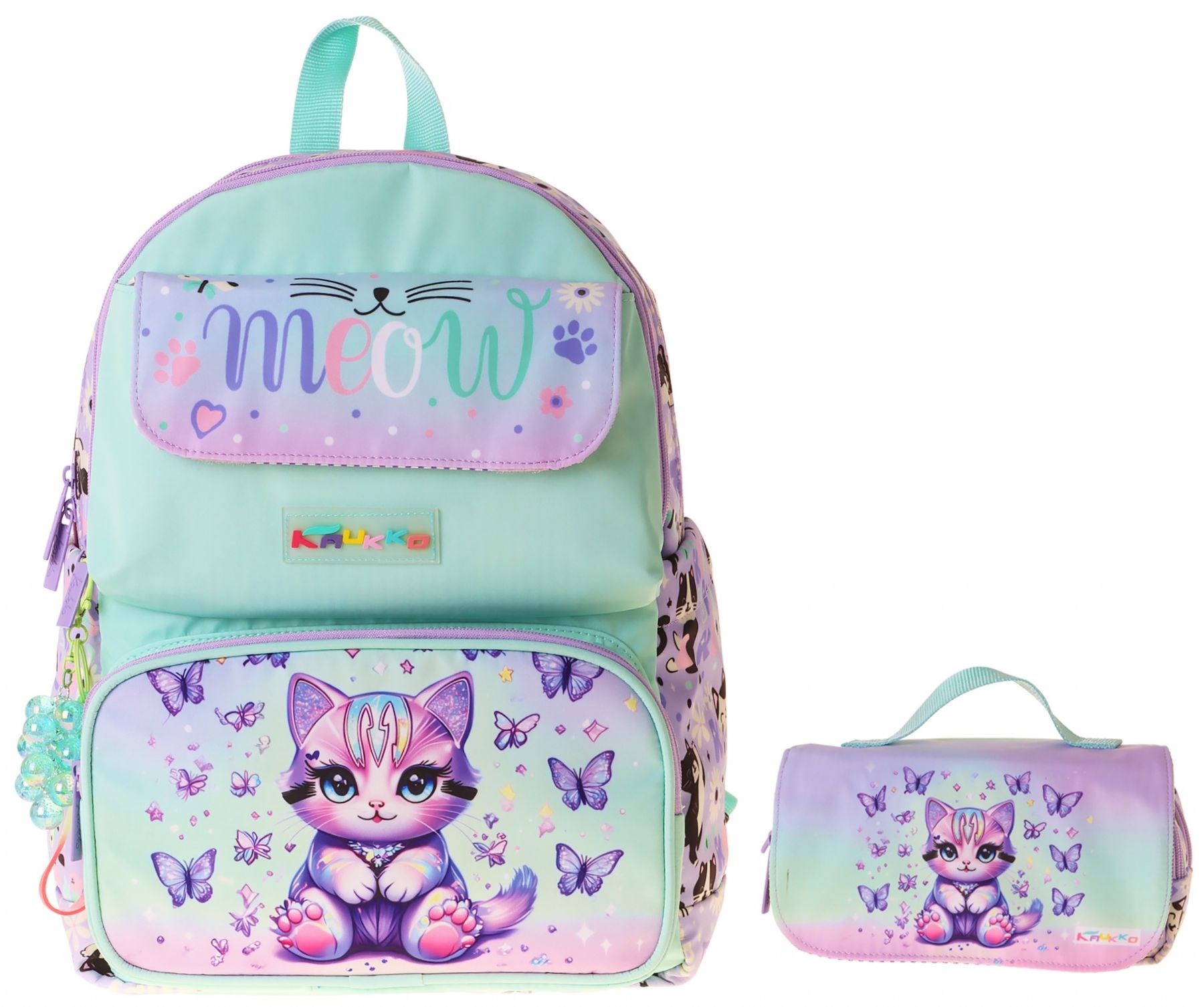 Kaukko Kids Meow Yeşil - Mor Kız Çocuk İlkokul Sırt Çantası ve Kalem Çantası Seti - SETKK-L5288C