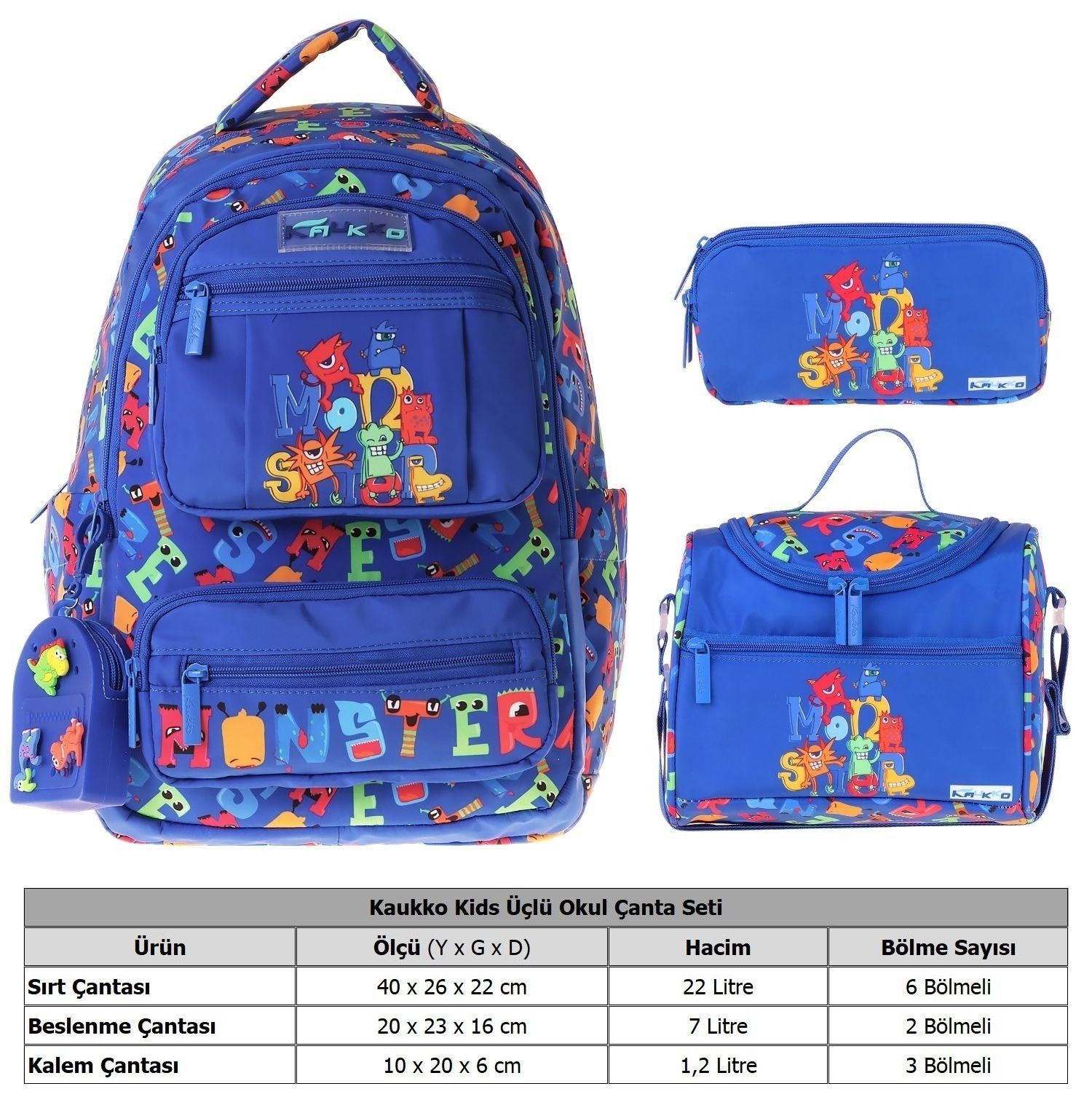 Kaukko Kids Monster(Mavi Renk) Erkek Çocuk Üçlü İlkokul Okul Çantası Seti/Takımı - SETKK-L5404A