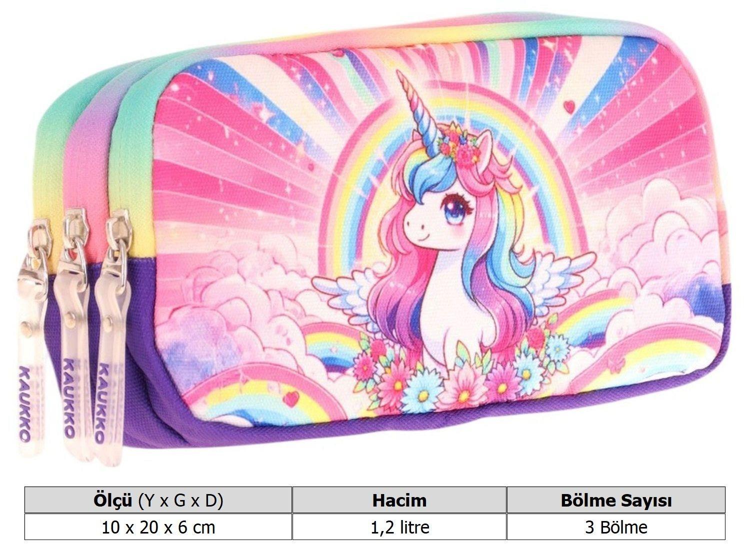 Kaukko Kids Mor Pembe, Unicorn, Kız Çocuk Üç Gözlü Okul Kalem Çantası - L8249