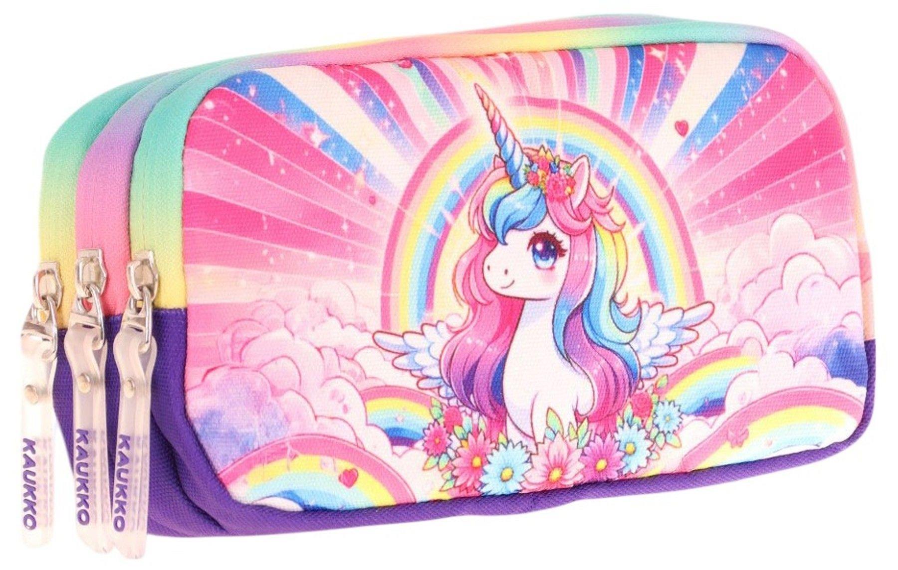 Kaukko Kids Mor Pembe, Unicorn, Kız Çocuk Üç Gözlü Okul Kalem Çantası - L8249