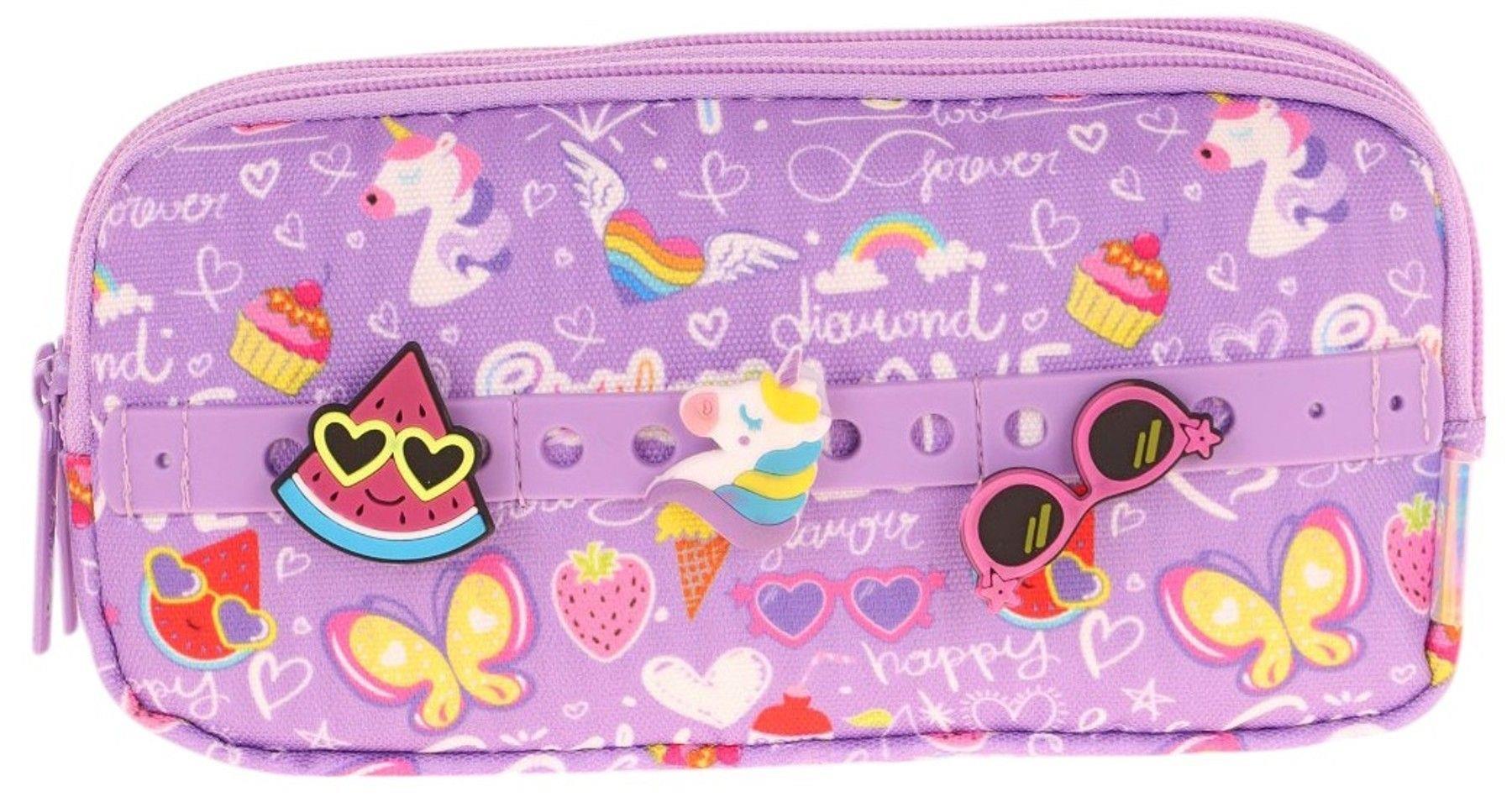 Kaukko Kids Mor, Yaz Temalı, Kız Çocuk Üç Gözlü Okul Kalem Çantası - L8245