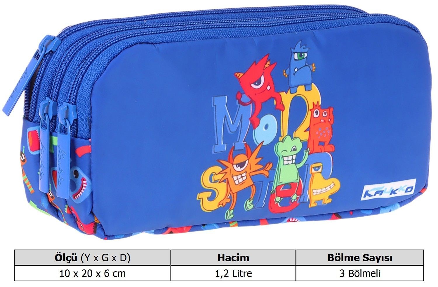 Kaukko Kids Moster Baskılı Mavi Erkek Çocuk Okul Kalemliği Kalem Çantası - L5406