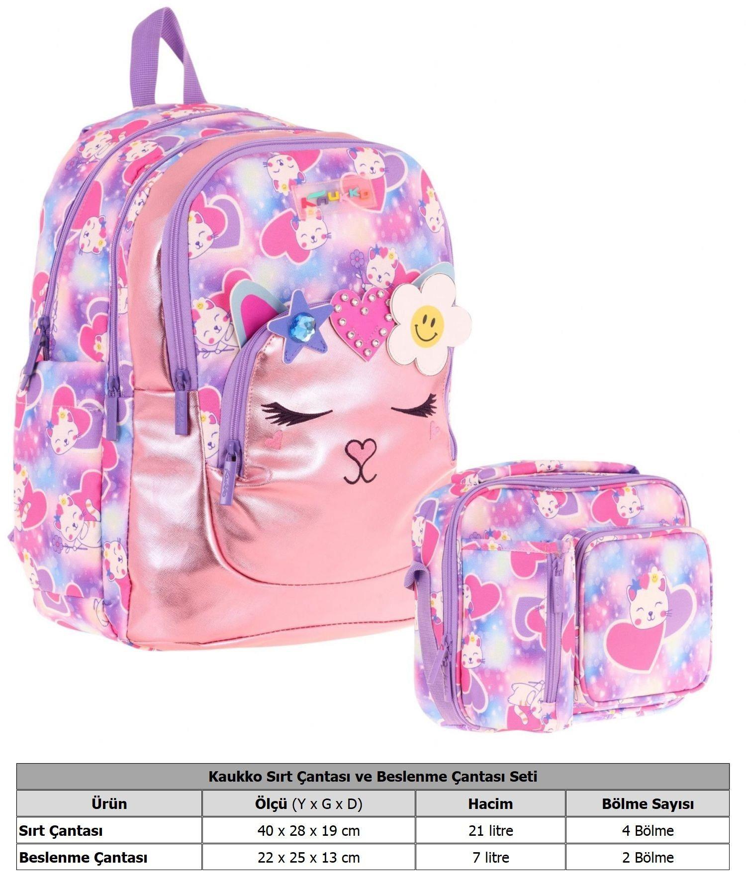 Kaukko Kids Okul ve Beslenme Çantası Seti (Kız Çocuk) - Kedi Şekilli Pembe Mor - (L5219+L7219)