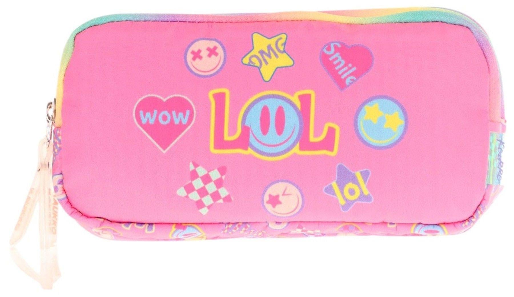 Kaukko Kids Pembe Çok Renkli, Lol Baskılı, Kız Çocuk Üç Gözlü Okul Kalem Çantası - L8237