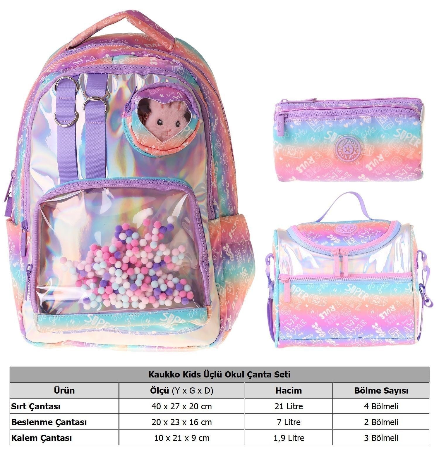 Kaukko Kids Rule(Lila Renk) Kız Çocuk Üçlü İlkokul Okul Çantası Seti/Takımı - SETKK-L5348A