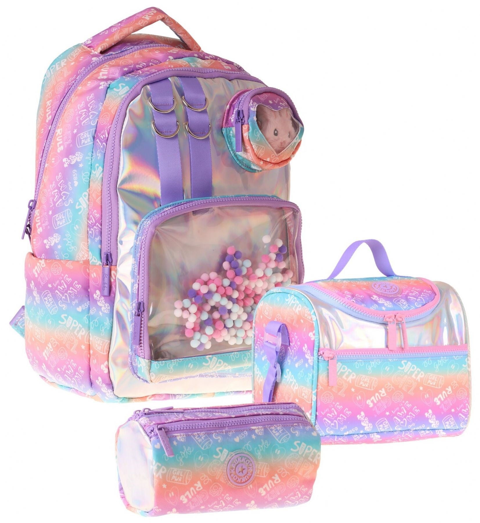 Kaukko Kids Rule(Lila Renk) Kız Çocuk Üçlü İlkokul Okul Çantası Seti/Takımı - SETKK-L5348A