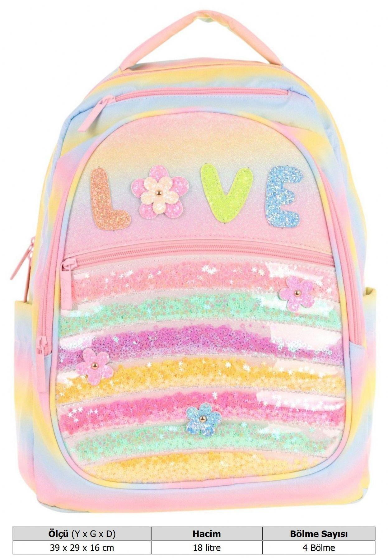 Kaukko Kids Simli Pullu Love Baskılı Kız Çocuk Dört Bölmeli Okul Çantası - L5214