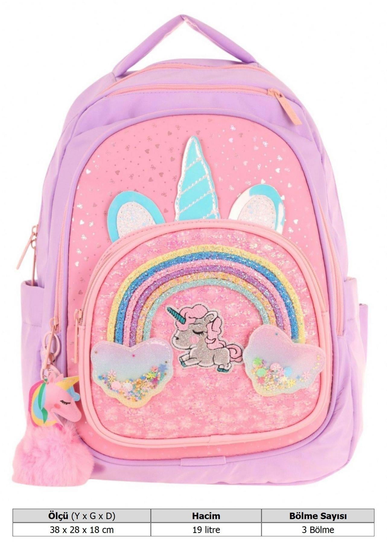 Kaukko Kids Simli Unicorn Desenli Kız Çocuk Dört Bölmeli Okul Çantası - L5212