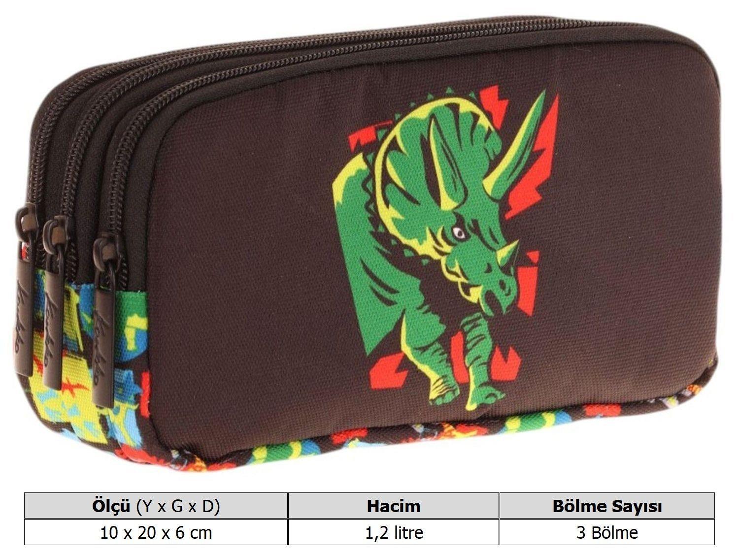 Kaukko Kids Siyah Yeşil, Gergedan Temalı, Erkek Çocuk Üç Bölmeli Okul Kalem Çantası - L8263
