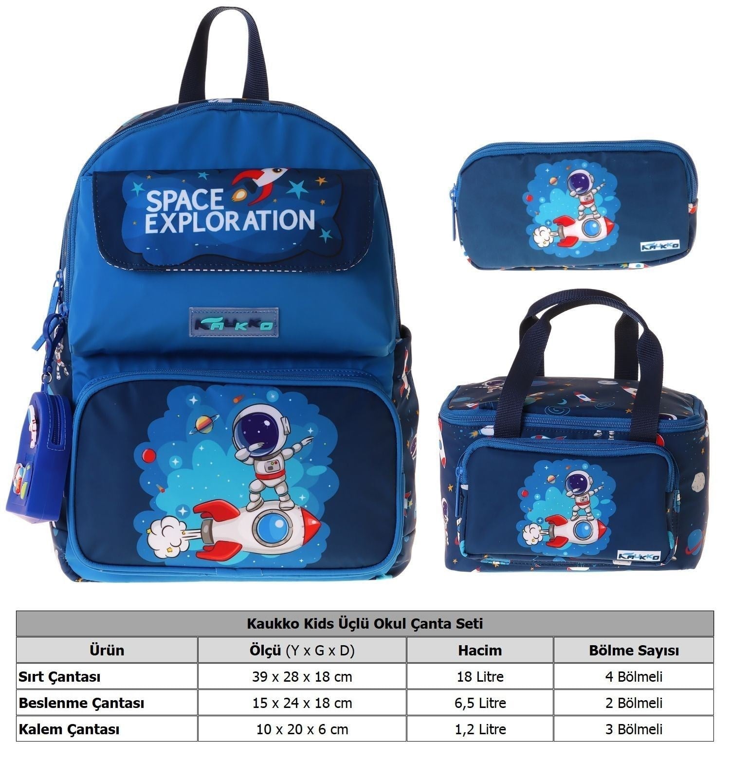 Kaukko Kids Space(Lacivert Renk) Erkek Çocuk Üçlü İlkokul Okul Çantası Seti/Takımı - SETKK-L5364A