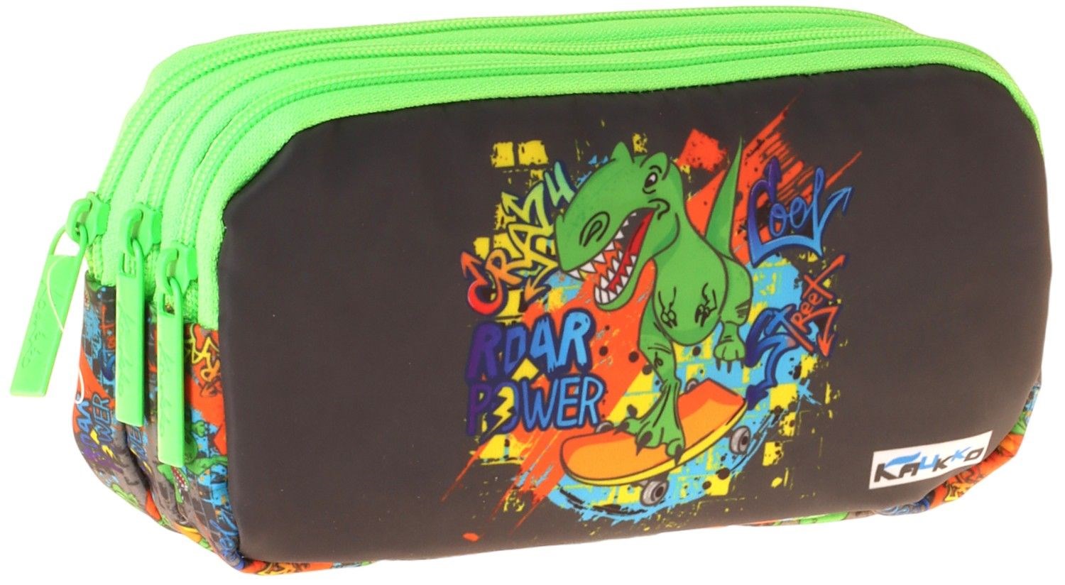 Kaukko Kids Street Dinazor Baskılı Siyah - Yeşil Erkek Çocuk Okul Kalemliği Kalem Çantası - L5416