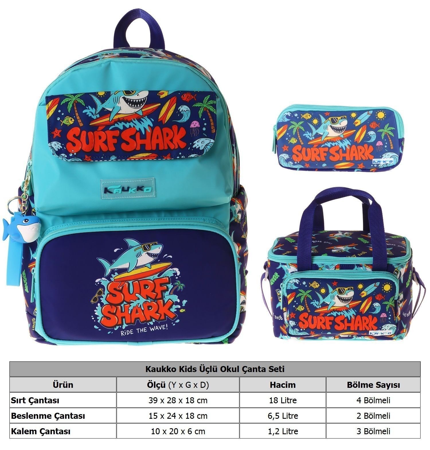 Kaukko Kids Surf(Yeşil - Lacivert Renk) Erkek Çocuk Üçlü İlkokul Okul Çantası Seti/Takımı - SETKK-L5354A