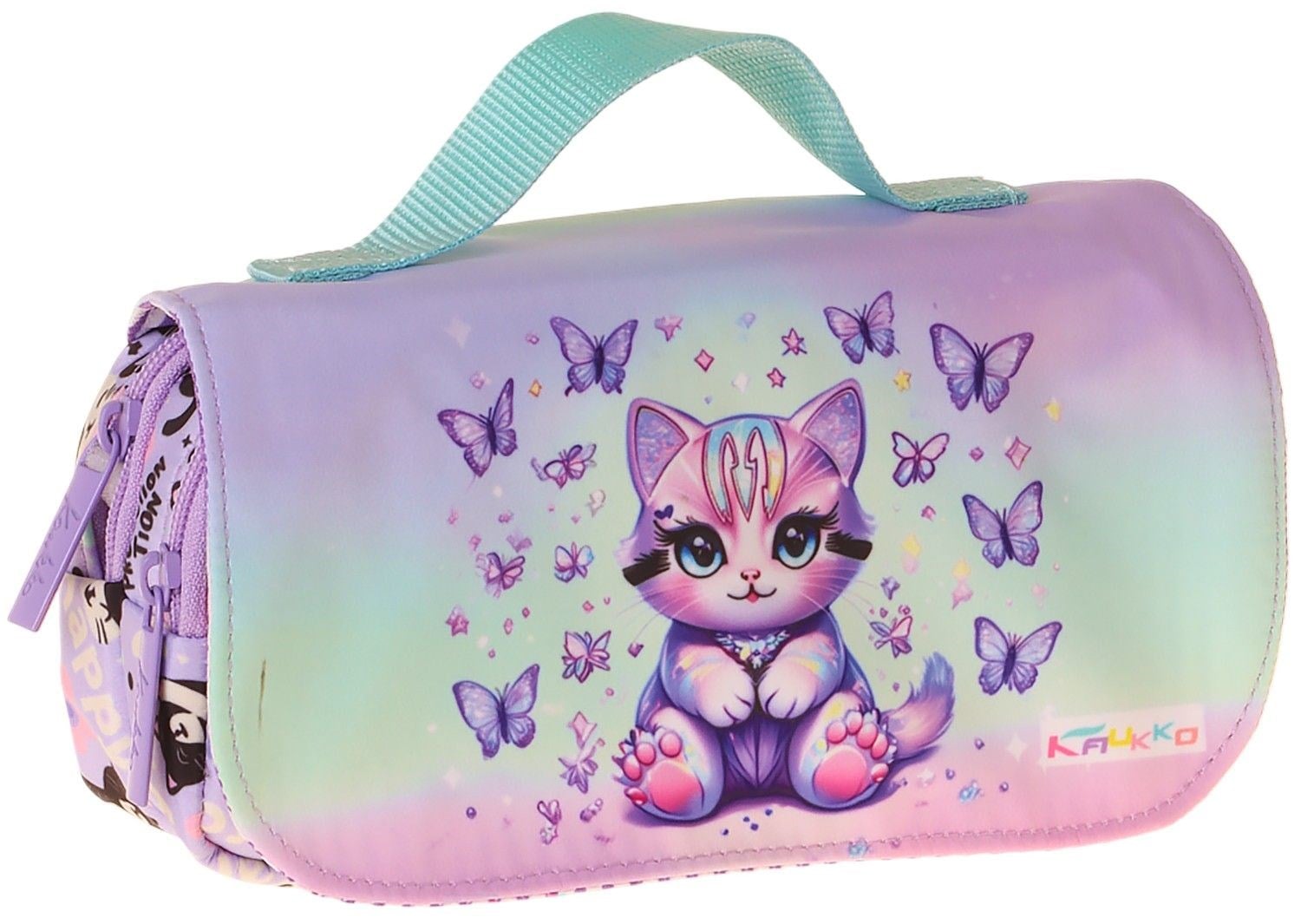 Kaukko Kids Taşıma Askılı Kız Çocuk Mor Kedi Desenli Şık Kalem Çantası (Yeşil - Mor) - L5290