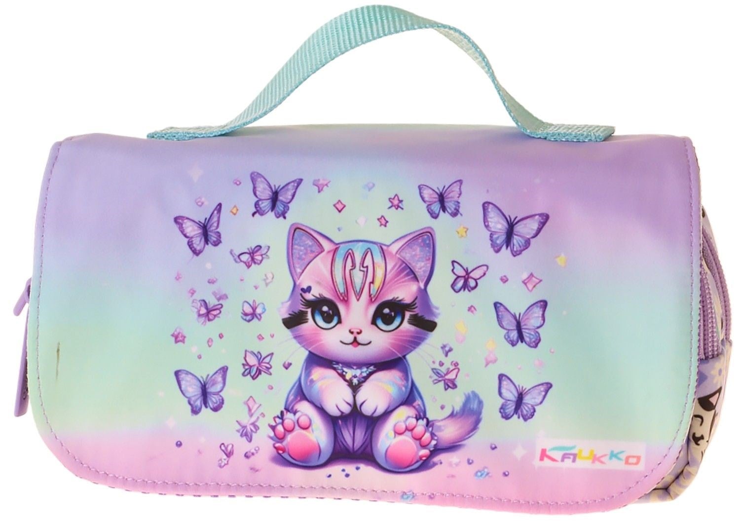 Kaukko Kids Taşıma Askılı Kız Çocuk Mor Kedi Desenli Şık Kalem Çantası (Yeşil - Mor) - L5290