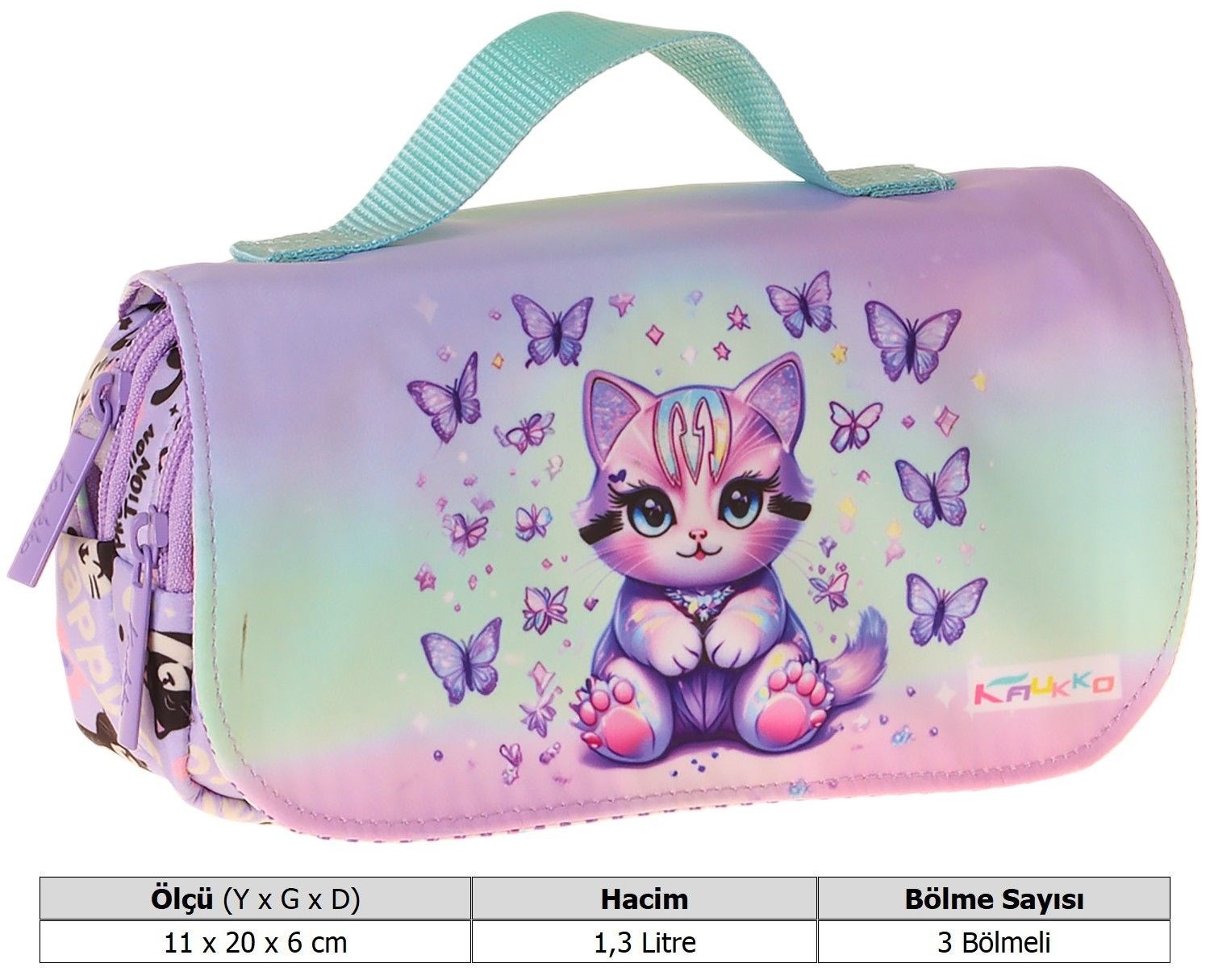 Kaukko Kids Taşıma Askılı Kız Çocuk Mor Kedi Desenli Şık Kalem Çantası (Yeşil - Mor) - L5290