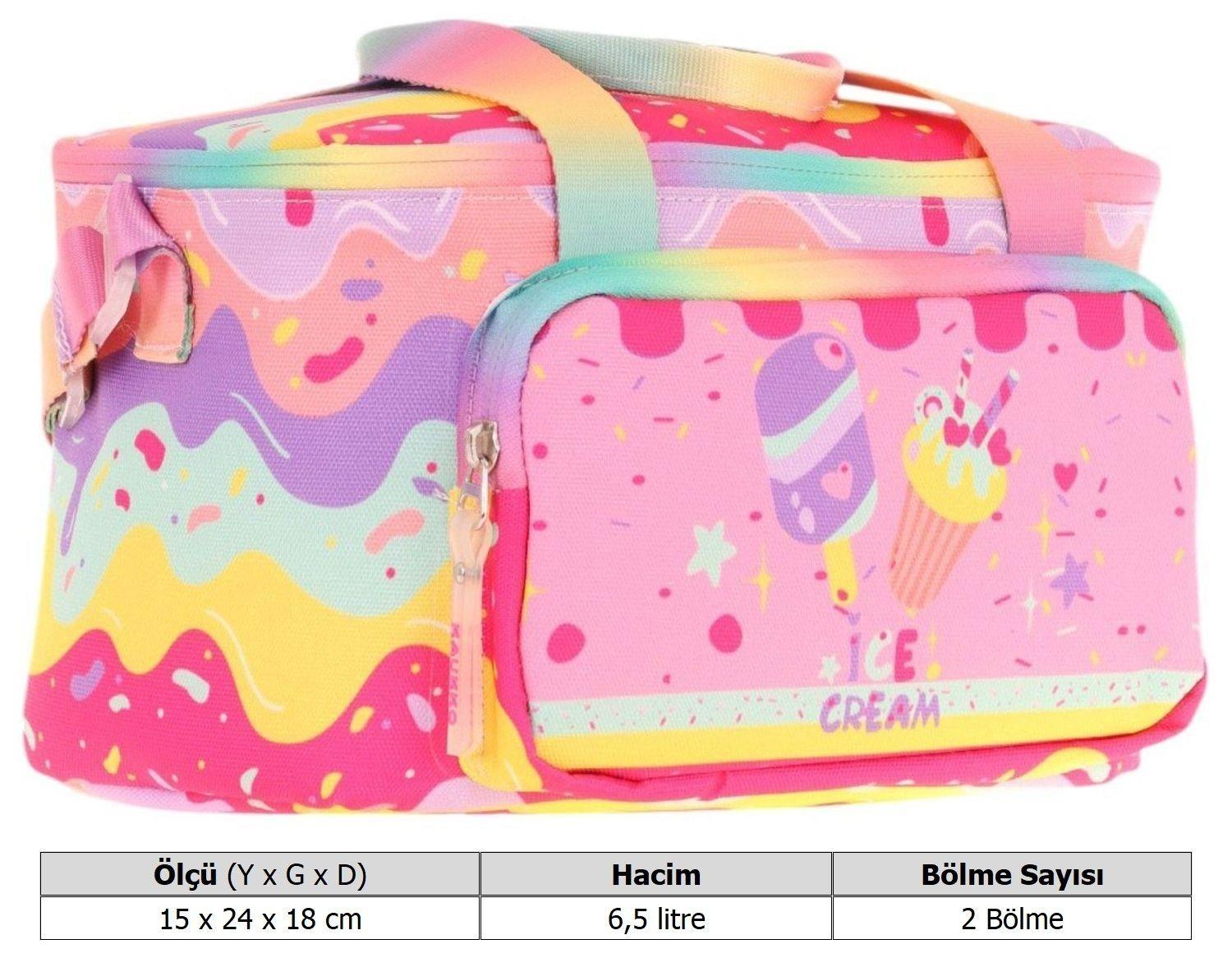 Kaukko Kids Thermo Isı Yalıtımlı Kız Çocuk Dondurma Baskılı Pembe Beslenme Çantası L7232 (İki Bölmeli)