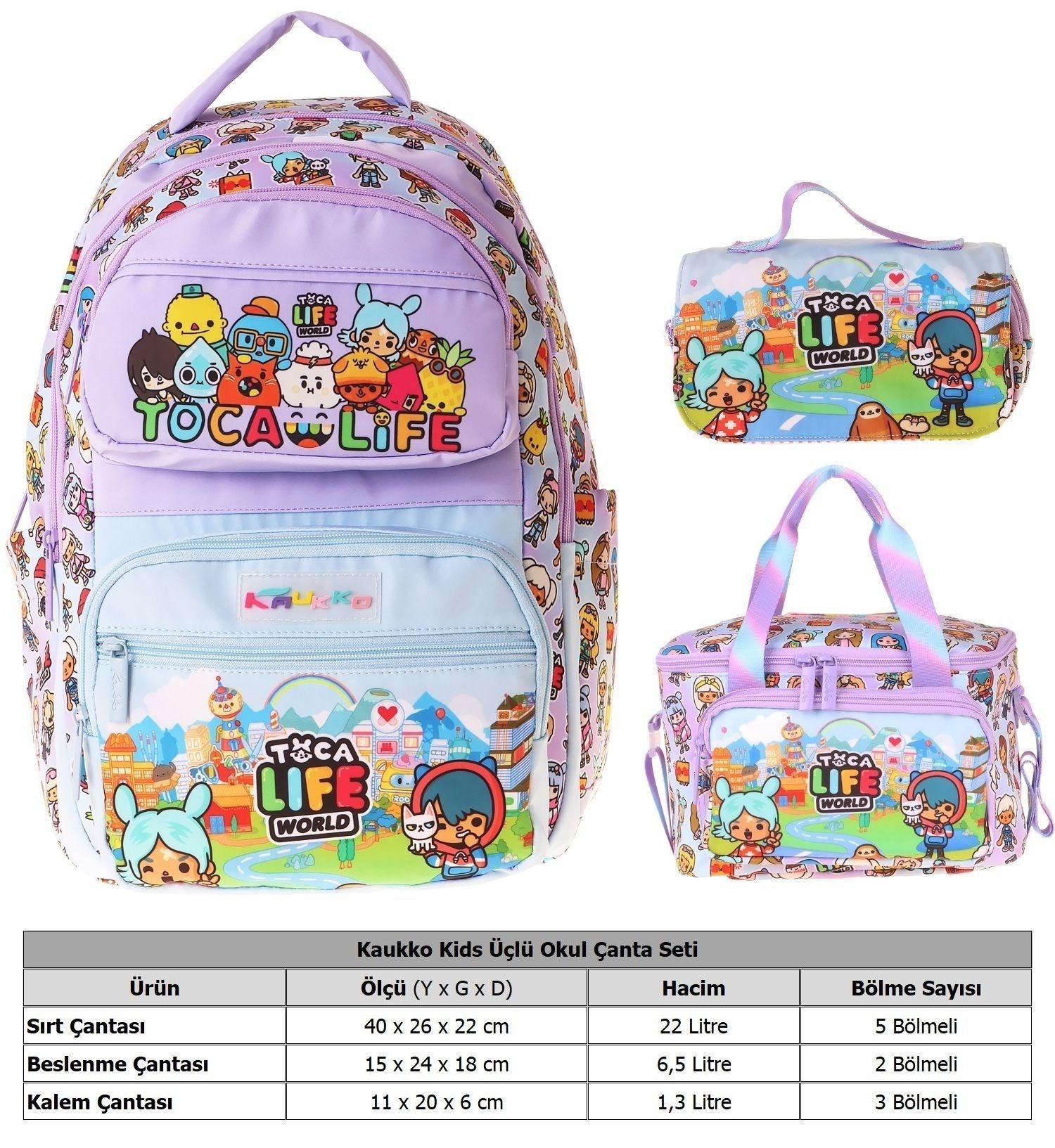 Kaukko Kids Toca Life(Lila - Turkuaz Renk) Kız Çocuk Üçlü İlkokul Okul Çantası Seti/Takımı - SETKK-L5338A