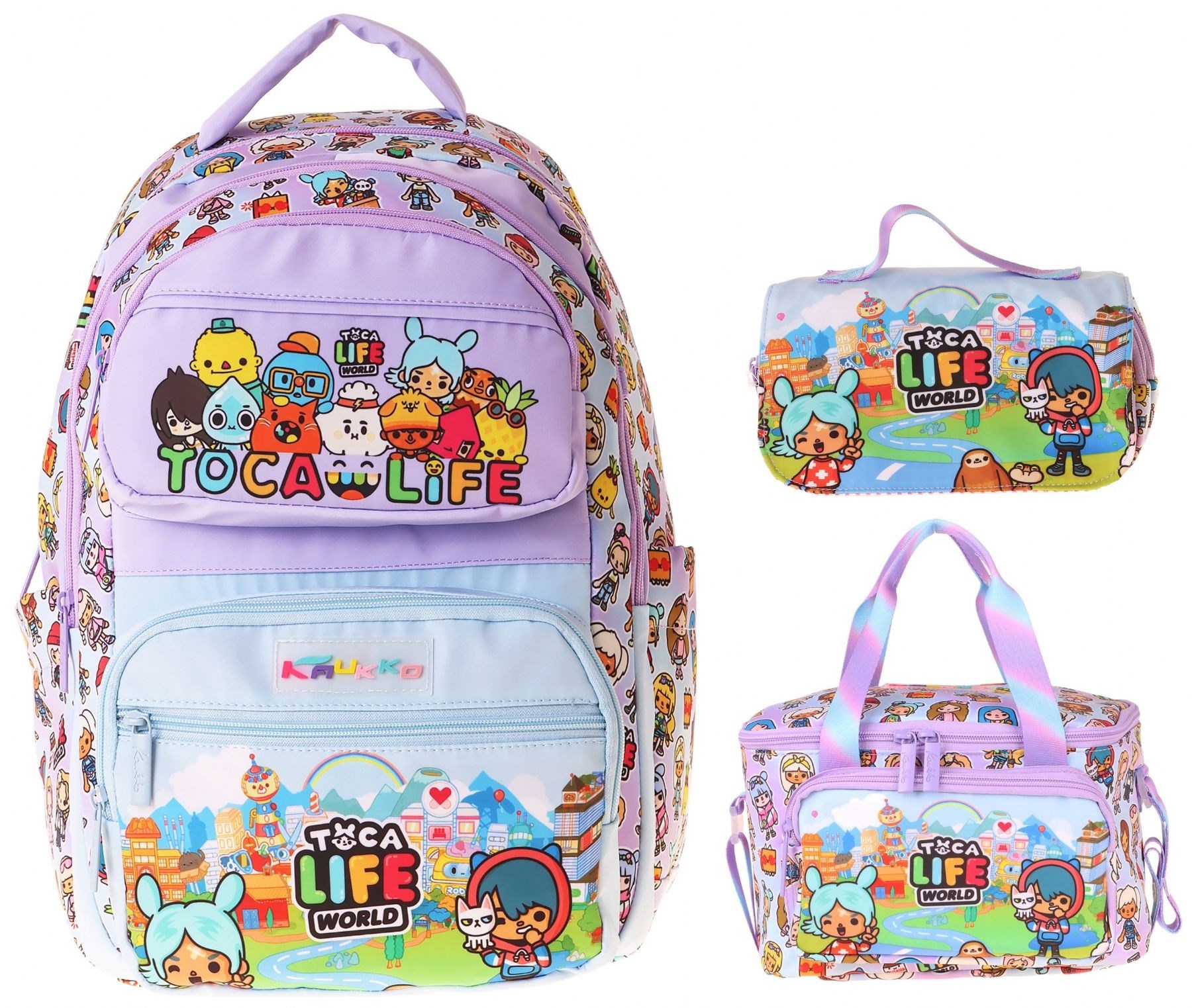 Kaukko Kids Toca Life(Lila - Turkuaz Renk) Kız Çocuk Üçlü İlkokul Okul Çantası Seti/Takımı - SETKK-L5338A