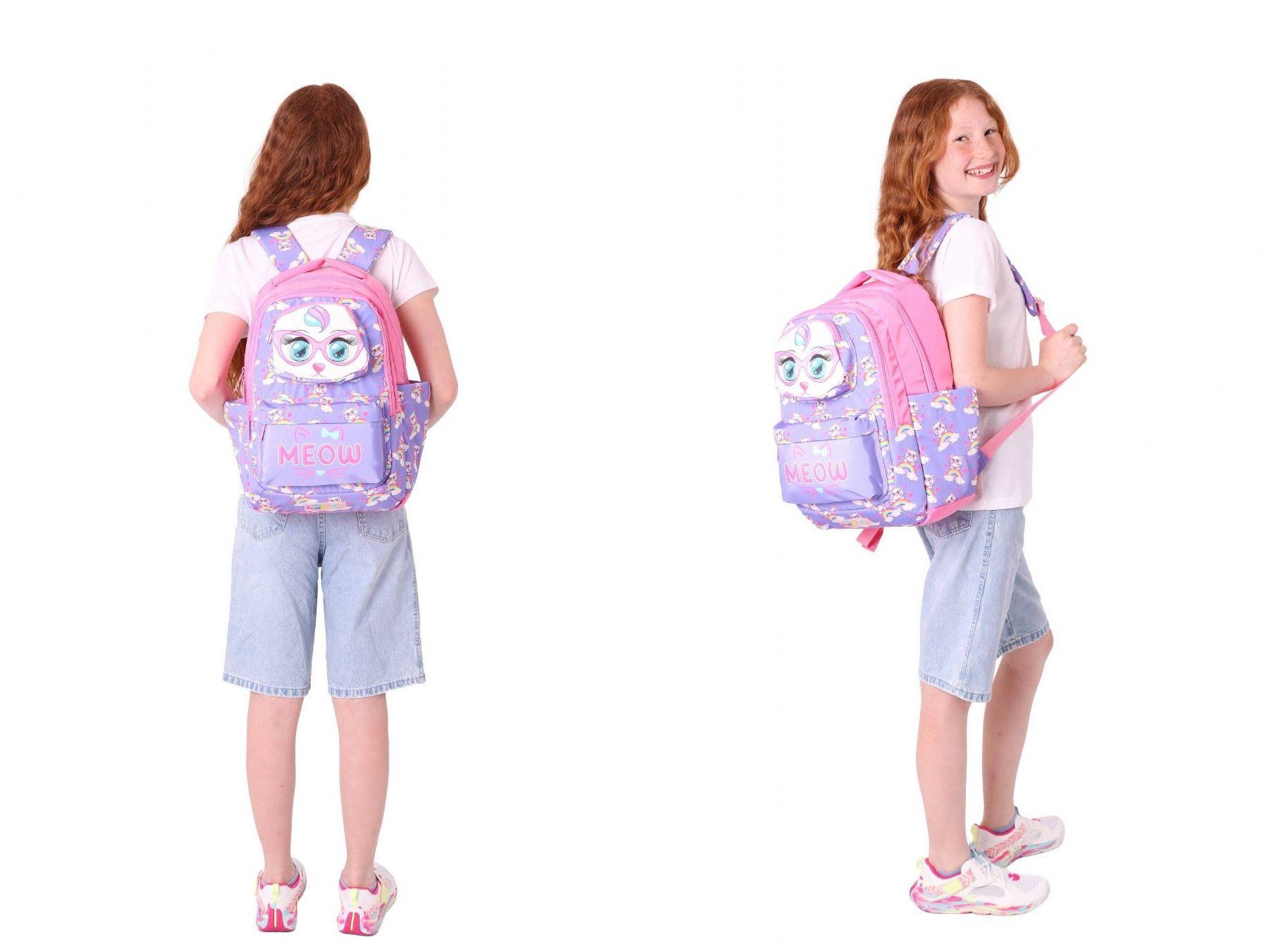 Kaukko Kids Toys Kız Çocuk Mor Pembe 3D Kedi Şekilli İlkokul Çantası ve Kalemlik Seti (L5236+L8236)