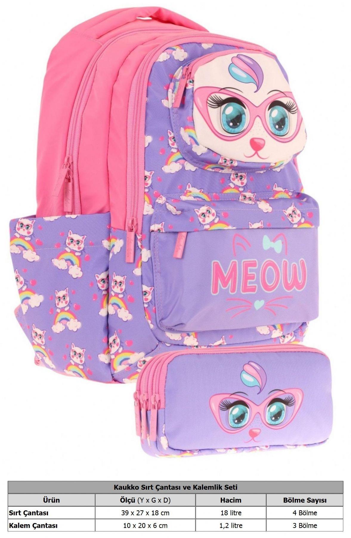Kaukko Kids Toys Kız Çocuk Mor Pembe 3D Kedi Şekilli İlkokul Çantası ve Kalemlik Seti (L5236+L8236)