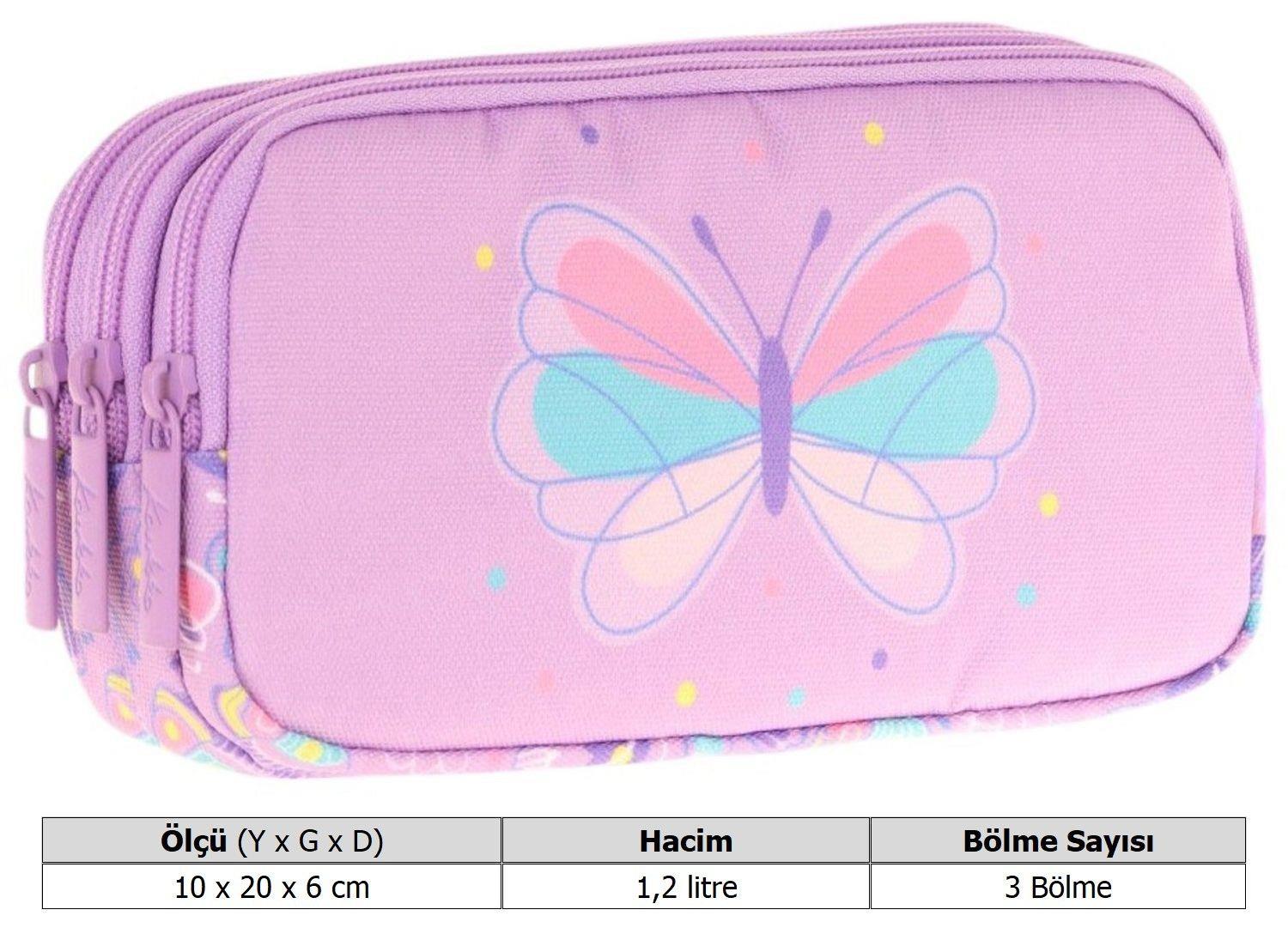 Kaukko Kids Üç Bölmeli Lila, Kelebek, Kız Çocuk Okul Kalemliği - L8222