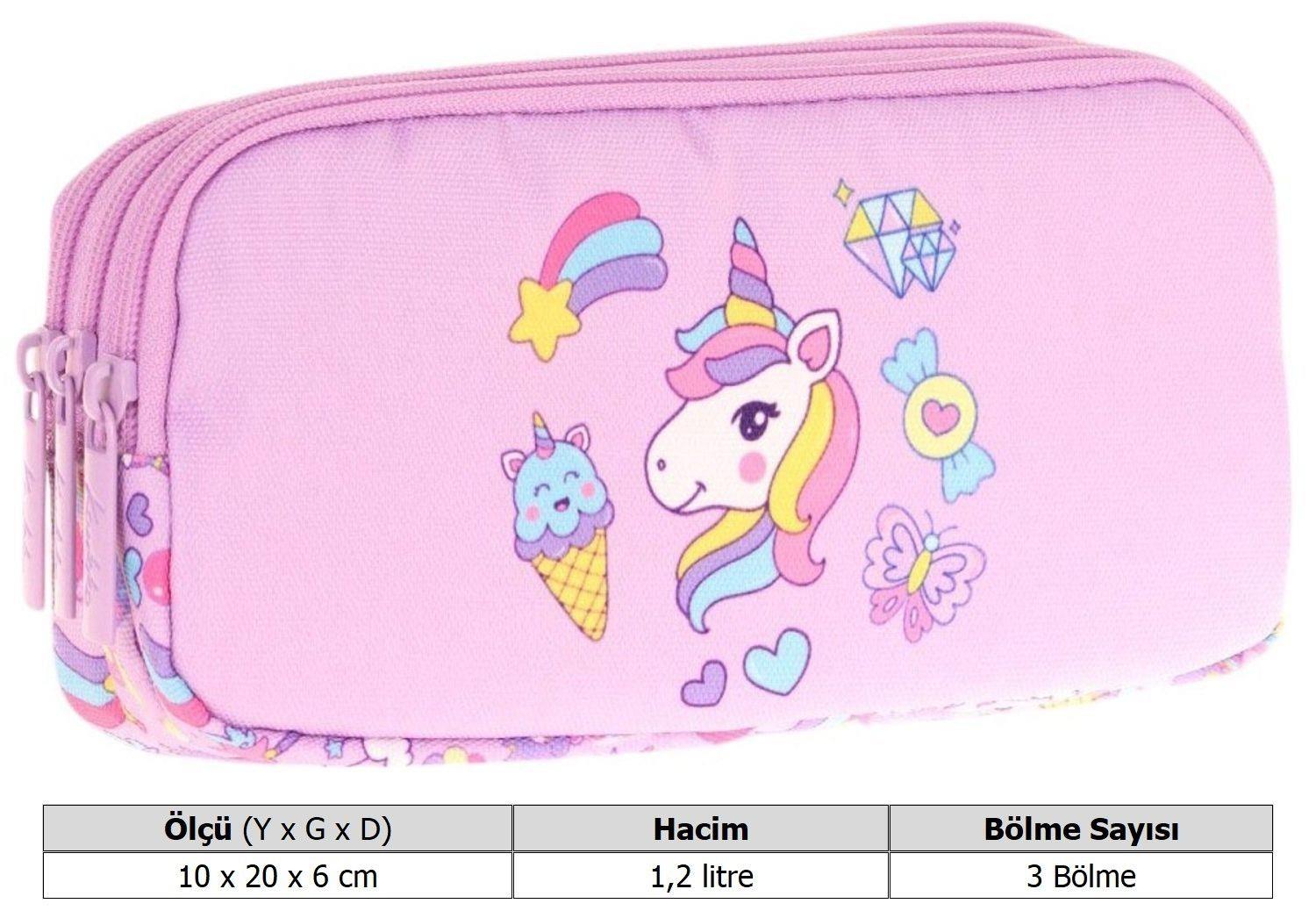 Kaukko Kids Üç Bölmeli Lila, Unicorn, Kız Çocuk Okul Kalem Çantası - L8215