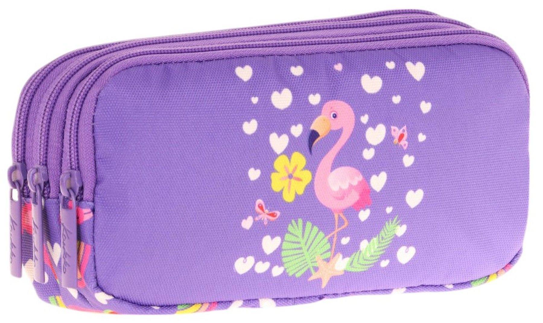 Kaukko Kids Üç Bölmeli Mor Pembe, Flamingo, Kız Çocuk Okul Kalemliği - L8226