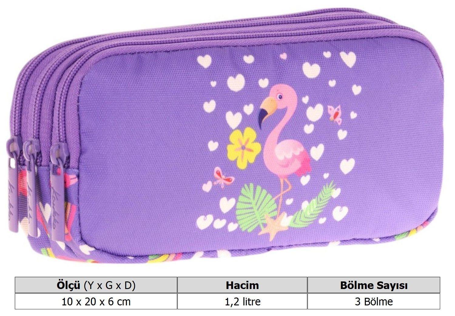 Kaukko Kids Üç Bölmeli Mor Pembe, Flamingo, Kız Çocuk Okul Kalemliği - L8226