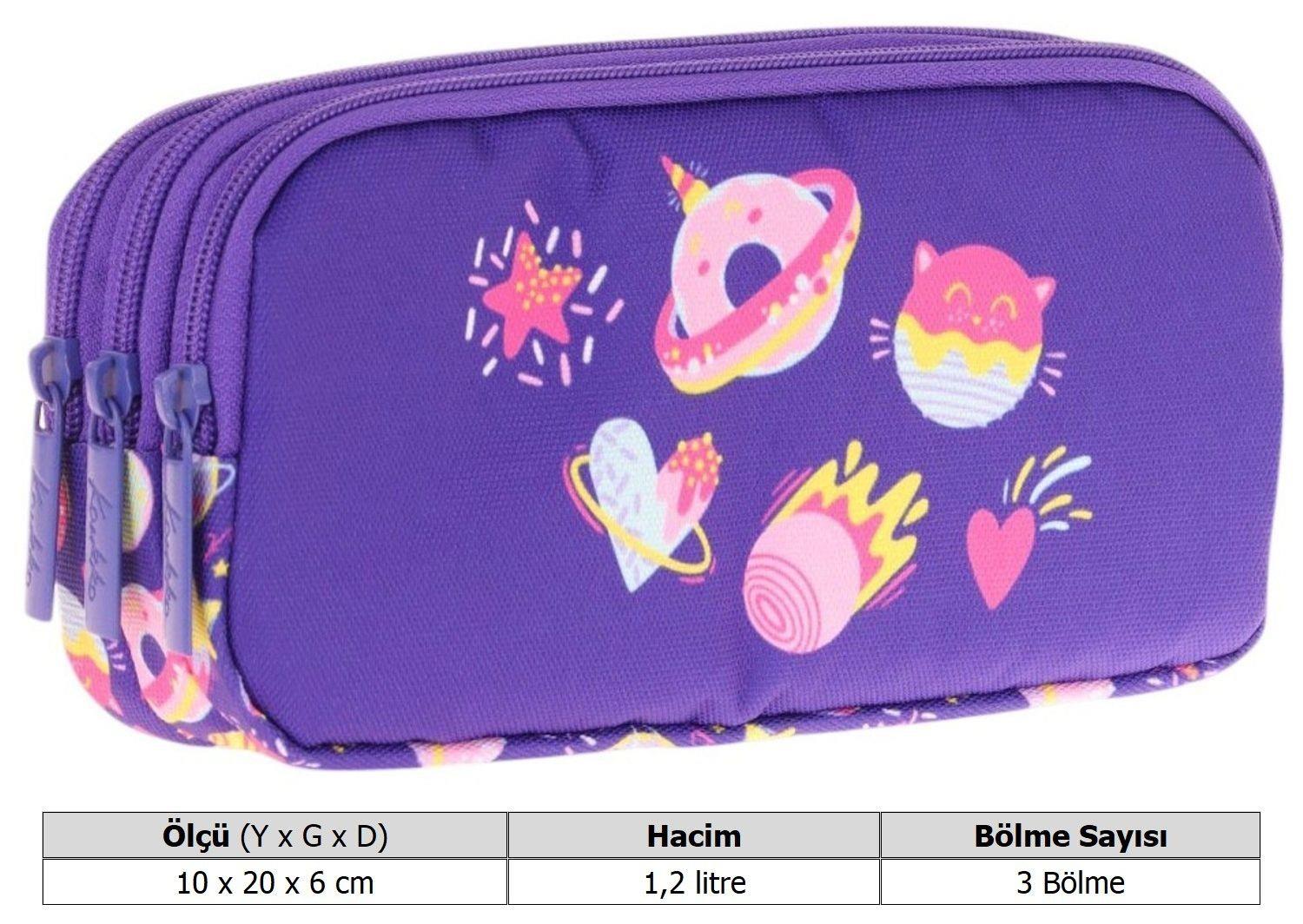 Kaukko Kids Üç Bölmeli Mor, Şekerlemeler, Kız Çocuk Okul Kalem Çantası - L8216