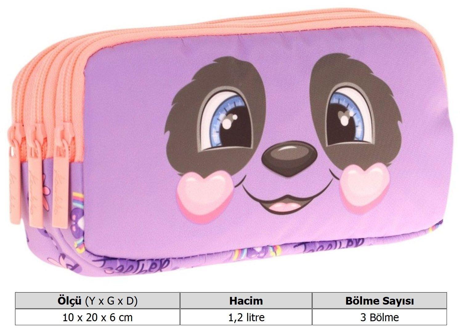Kaukko Kids Üç Bölmeli Mor Somon, Panda Desenli, Kız Çocuk Okul Kalemliği - L8233