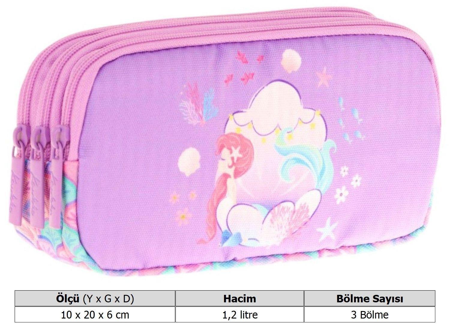 Kaukko Kids Üç Bölmeli Pembe Lila, Denizkızı, Kız Çocuk Okul Kalemliği - L8225