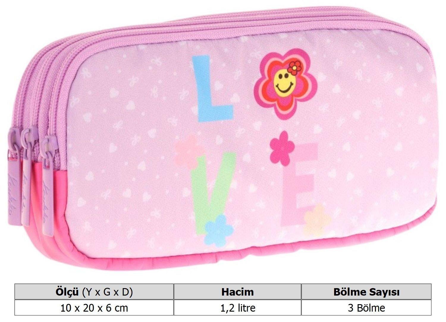 Kaukko Kids Üç Bölmeli Pembe Lila, Love Desenli, Kız Çocuk Okul Kalem Çantası - L8211