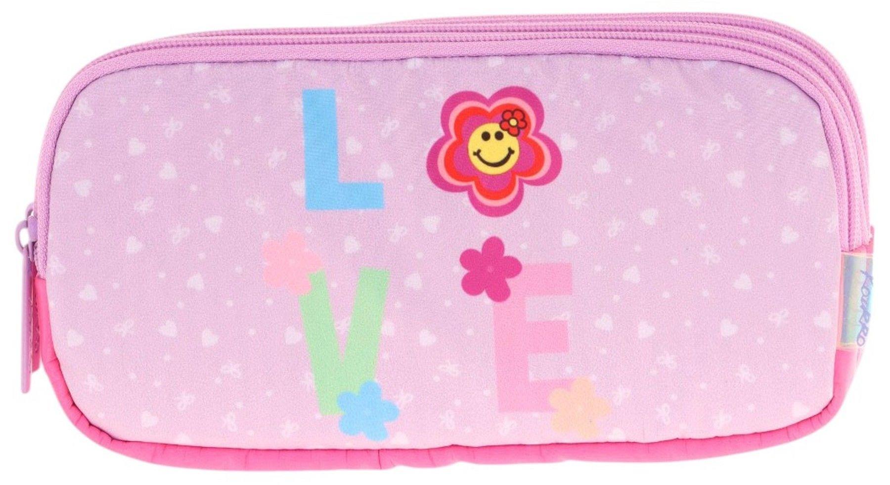 Kaukko Kids Üç Bölmeli Pembe Lila, Love Desenli, Kız Çocuk Okul Kalem Çantası - L8211