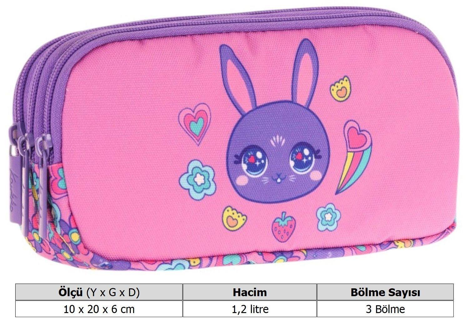 Kaukko Kids Üç Bölmeli Pembe Mor, Tavşan Baskılı, Kız Çocuk Okul Kalemliği - L8220