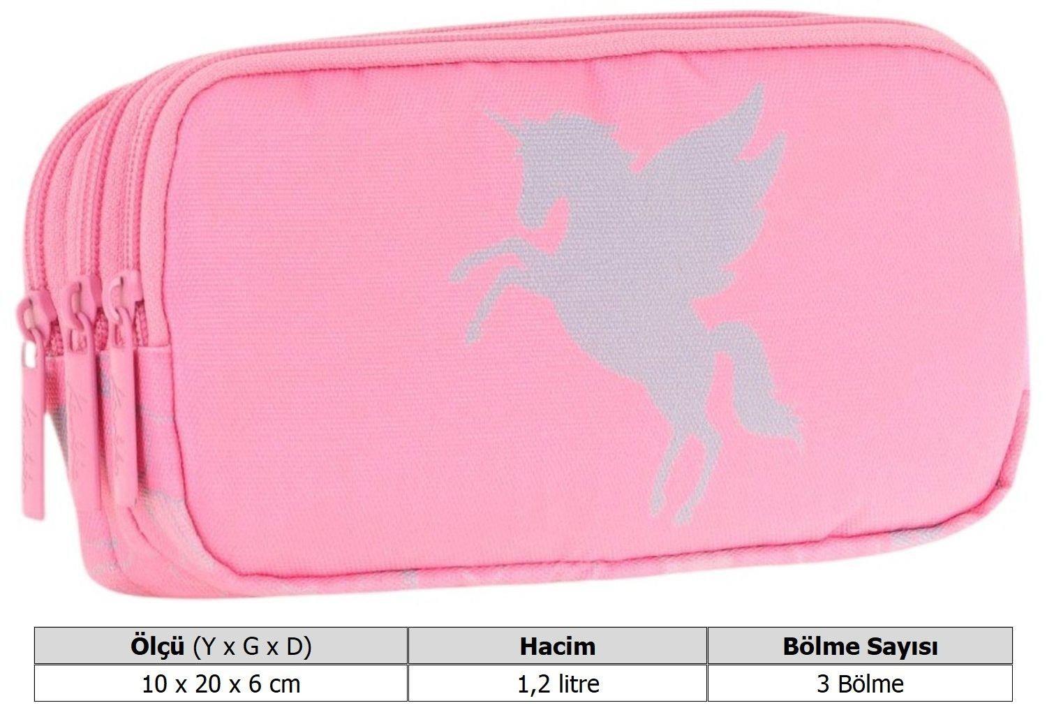 Kaukko Kids Üç Bölmeli Pembe, Unicorn, Kız Çocuk Okul Kalem Çantası - L8218