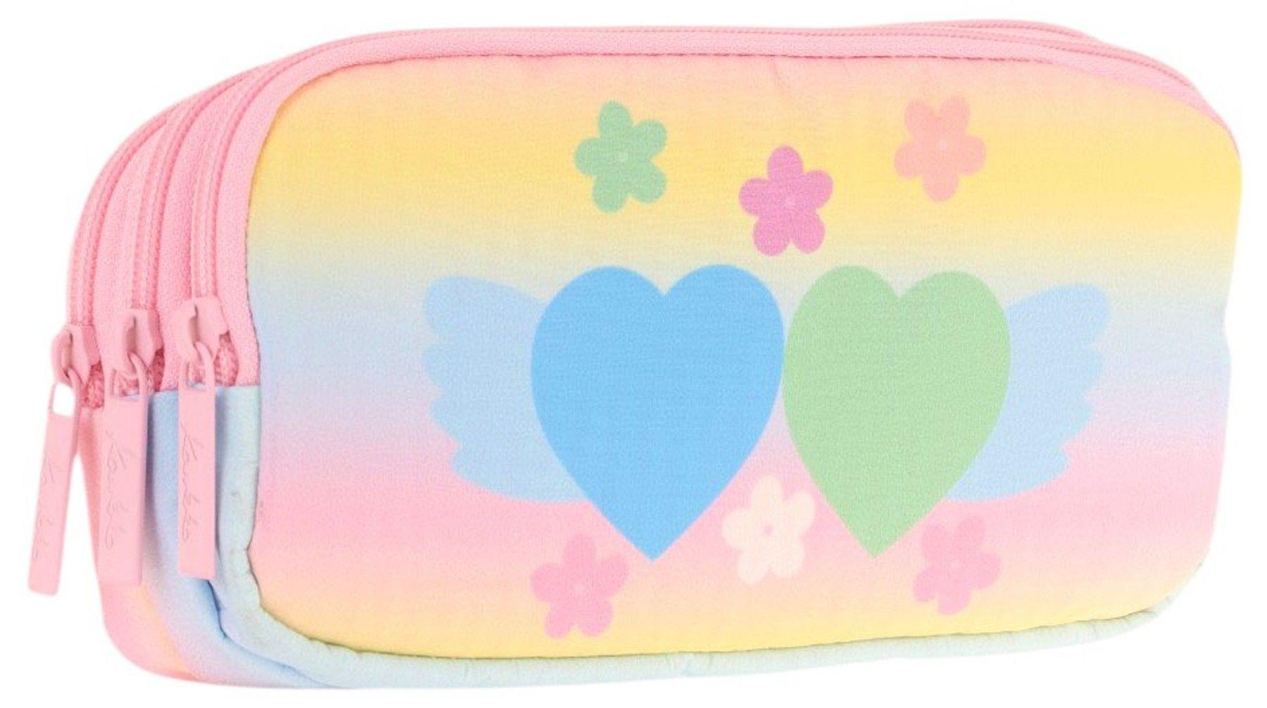 Kaukko Kids Üç Bölmeli Sarı Pembe, Kalp ve Çiçekler, Kız Çocuk Okul Kalem Çantası - L8213