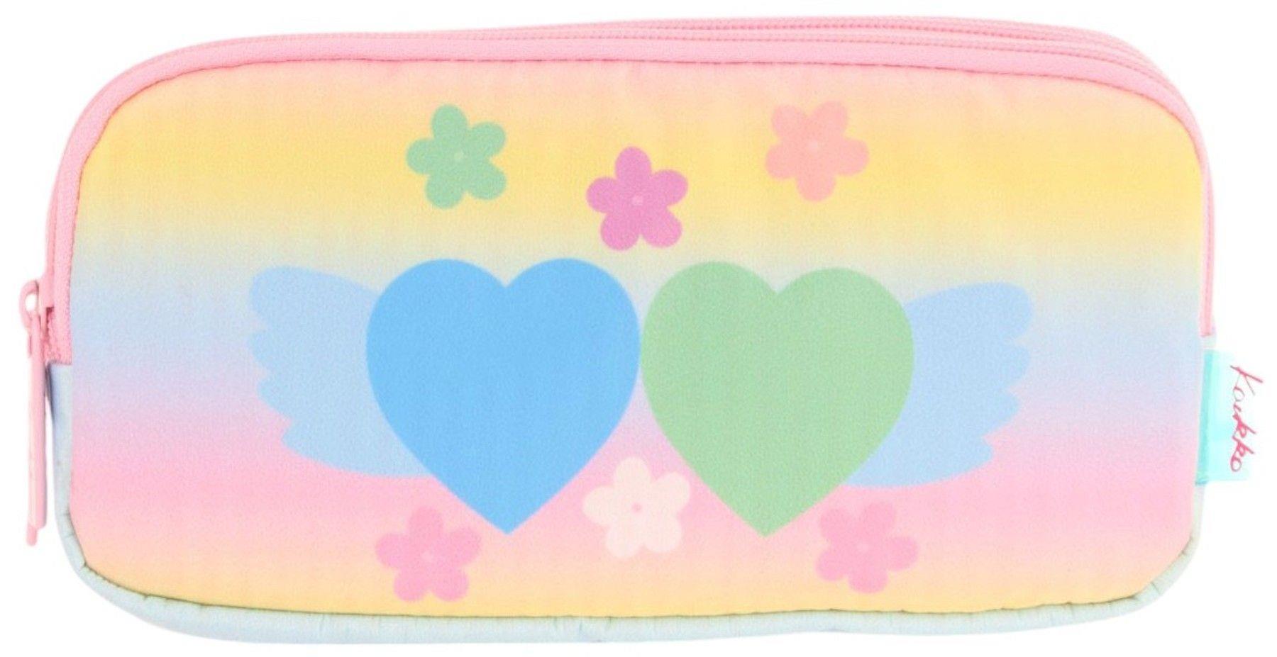 Kaukko Kids Üç Bölmeli Sarı Pembe, Kalp ve Çiçekler, Kız Çocuk Okul Kalem Çantası - L8213