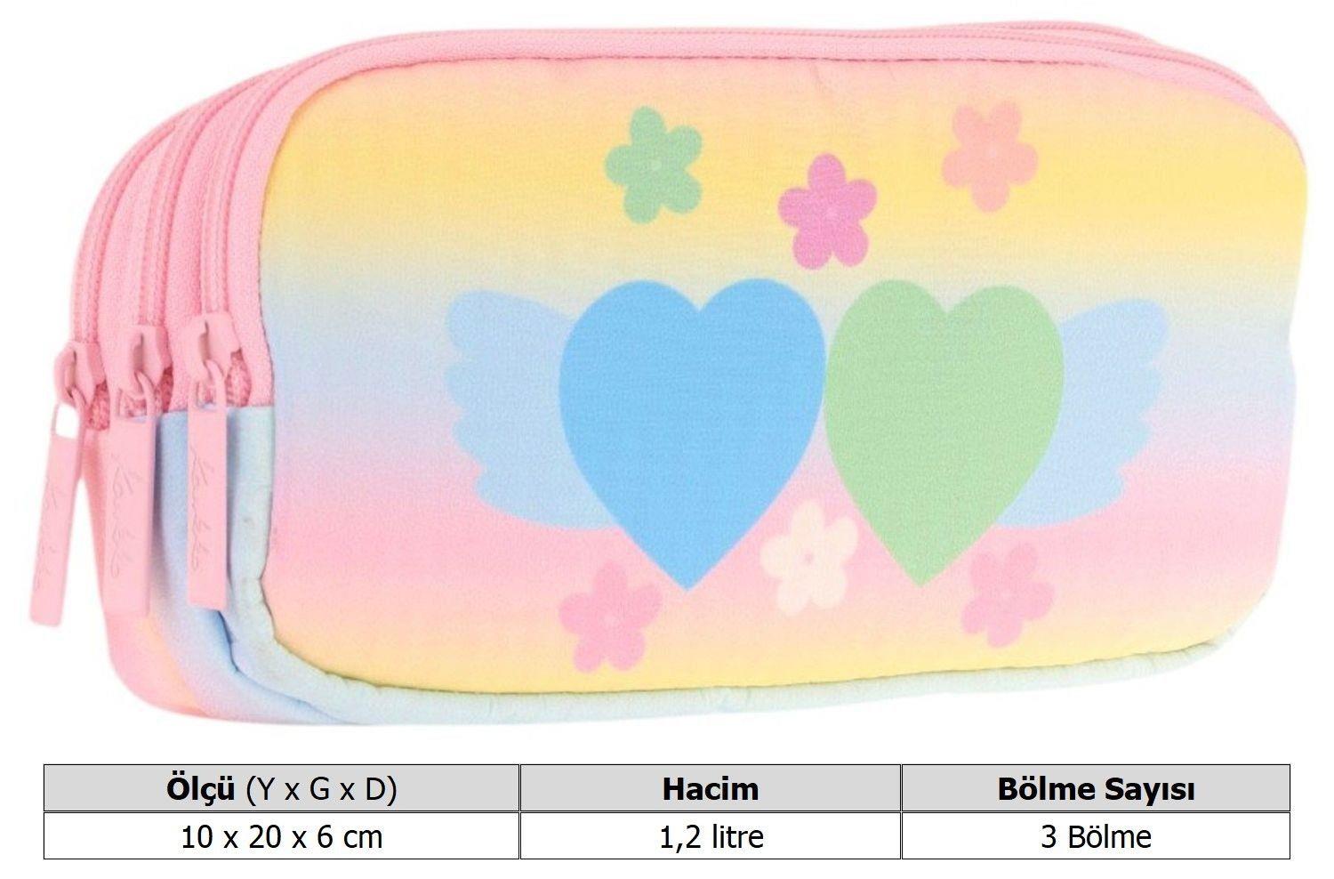 Kaukko Kids Üç Bölmeli Sarı Pembe, Kalp ve Çiçekler, Kız Çocuk Okul Kalem Çantası - L8213