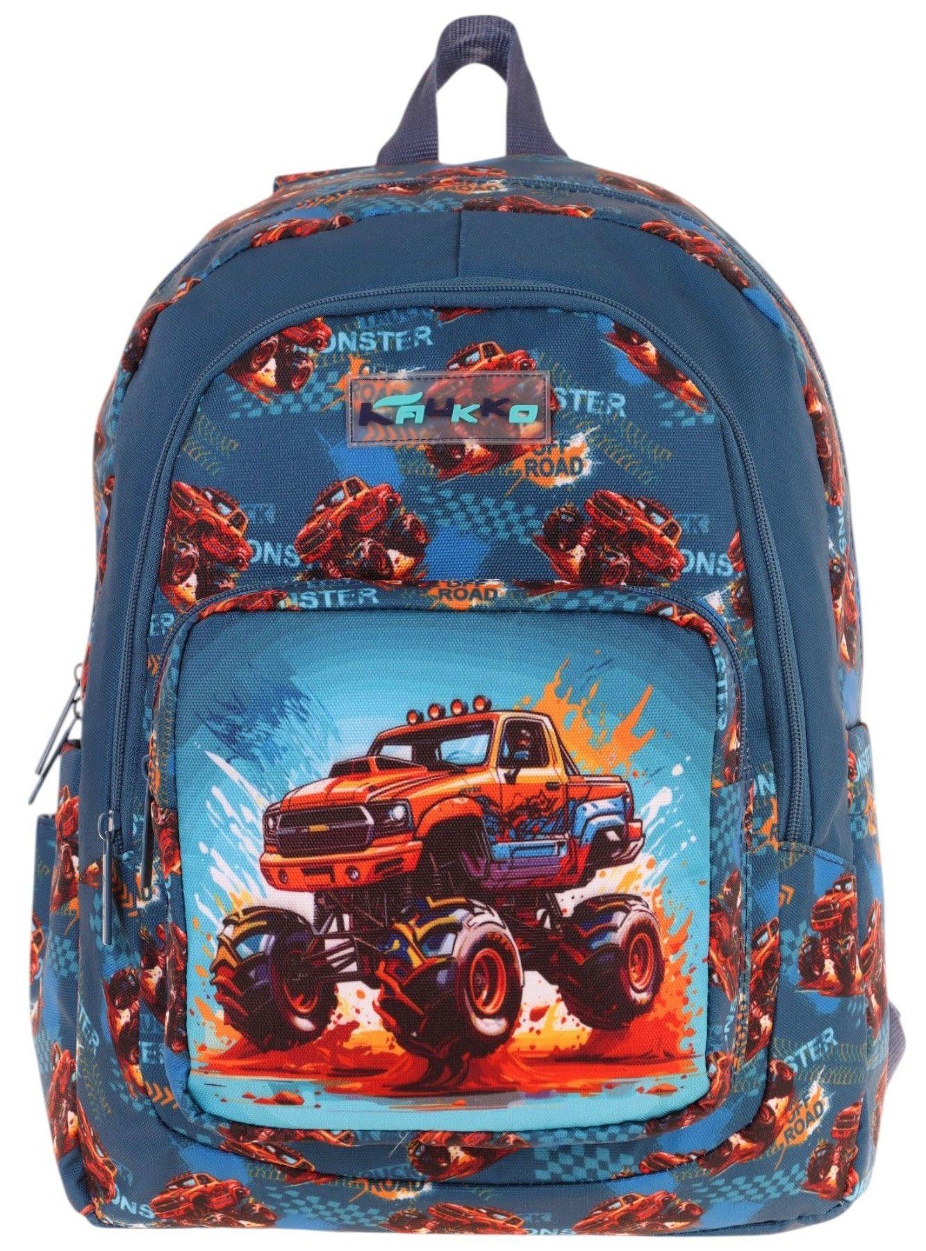 Kaukko Kids Üç Bölmeli (Yeşil Kırmızı - Arazi Aracı Baskılı) Erkek Çocuk Okul ve Günlük Sırt Çantası - L5282